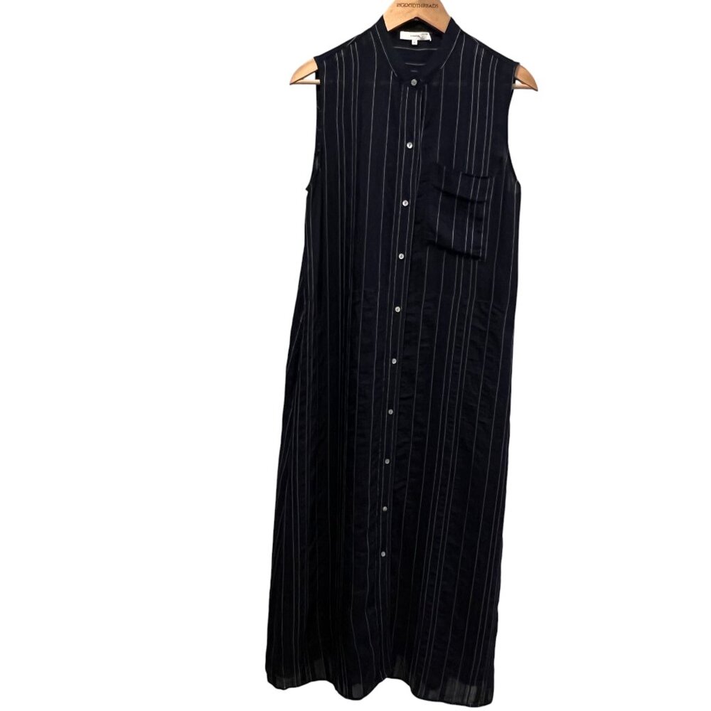 Vince Sleeveless A-line Striped Midi Dress, Pockets, Navy, M